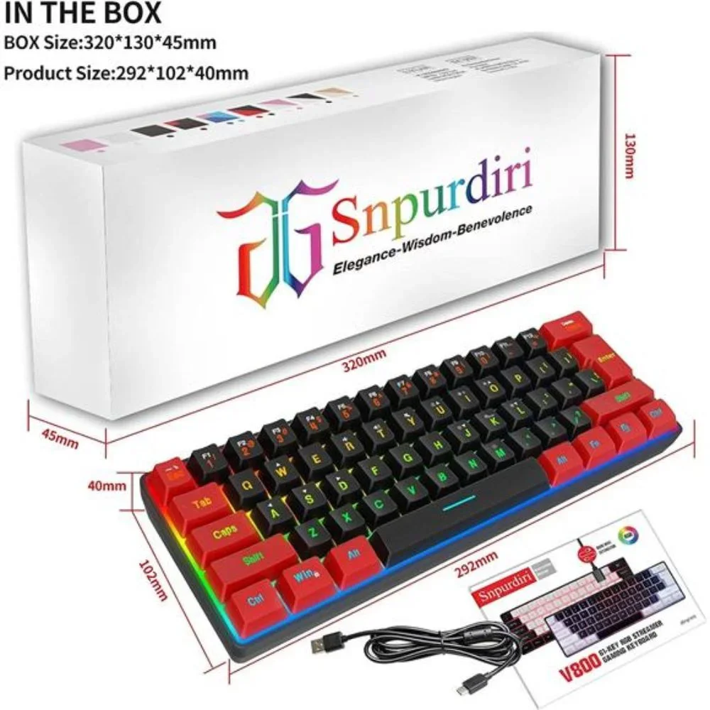 60% Wired Gaming Keyboard, True RGB Mini Quiet Ergonomic Water-Resistant